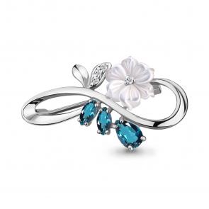 Серебряная брошь AQUAMARINE с фианитом, Лондон топазом и перламутром А7735508А фото