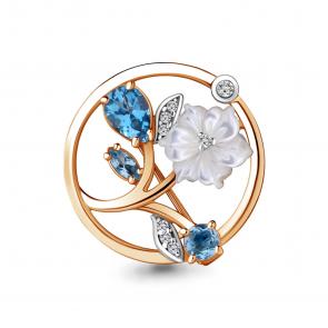 Брошь из золочёного серебра AQUAMARINE с топазом, фианитом и перламутром А7735605А-п фото