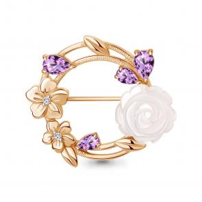 Брошь из золочёного серебра AQUAMARINE с фианитом, аметистом и перламутром А7746204А-п фото