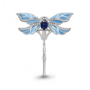 Серебряная брошь AQUAMARINE с фианитом, эмалью и гидротермальным сапфиром А77473АБ фото