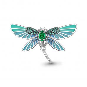 Серебряная брошь AQUAMARINE с эмалью, гидротермальным сапфиром и гидротермальным изумрудом А77475БГ фото