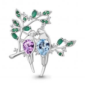 Серебряная брошь AQUAMARINE с топазом, фианитом, аметистом, агатом и гидротермальным изумрудом А77514539Г фото