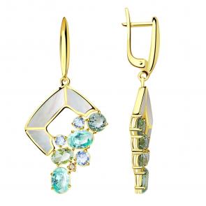Серьги из лимонного золота ТД Арт Фацет с бриллиантом,перламутром и аквамарином АТ21320л фото