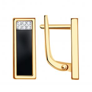 Золотые серьги BERGER с фианитом и ониксом Б120229 фото