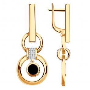 Золотые серьги BERGER с фианитом и ониксом Б120247-1 фото