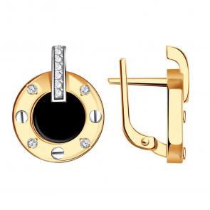 Золотые серьги BERGER с фианитом и ониксом Б120288 фото