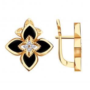 Золотые серьги BERGER с фианитом и ониксом Б120411 фото