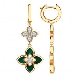 Золотые серьги BERGER с фианитом и малахитом Б120412м фото