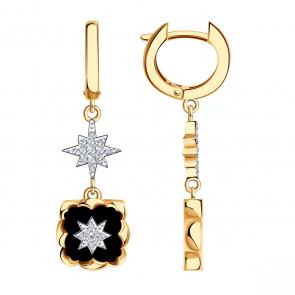 Золотые серьги BERGER с фианитом и ониксом Б120475 фото
