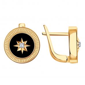 Золотые серьги BERGER с фианитом и ониксом Б120486 фото