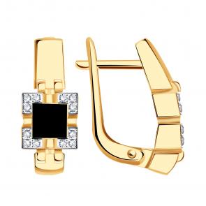 Золотые серьги BERGER с фианитом и ониксом Б121048 фото