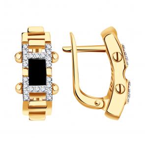 Золотые серьги BERGER с фианитом и ониксом Б121050 фото