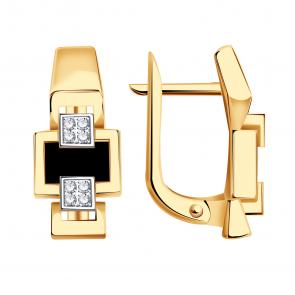 Золотые серьги BERGER с фианитом и ониксом Б121059 фото