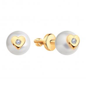 Золотые серьги Karatov с фианитом и жемчугом Т10802Г546 фото