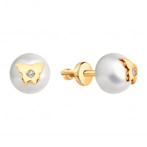 Золотые серьги Karatov с фианитом и жемчугом Т10802Г547 фото