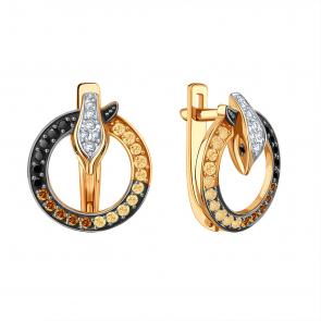 Золотые серьги Символ года Змея Karatov с бриллиантом,коньячным бриллиантом и черным бриллиантом Т14102В735 фото