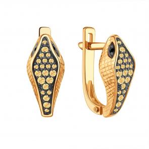 Золотые серьги Символ года Змея Karatov с черным бриллиантом и коньячным бриллиантом Т14102В739 фото