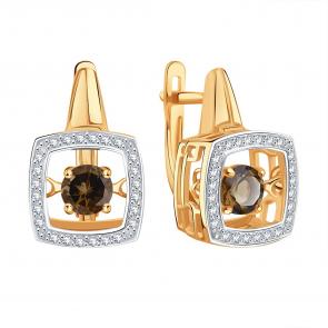 Золотые серьги Karatov с фианитом и танцующим раухтопазом Т14702В488 фото