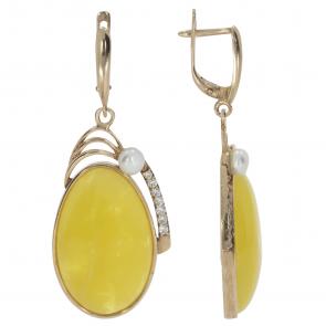 Серьги из золочёного серебра Янтарная волна с фианитом, жемчугом и янтарём Я721045п-к фото