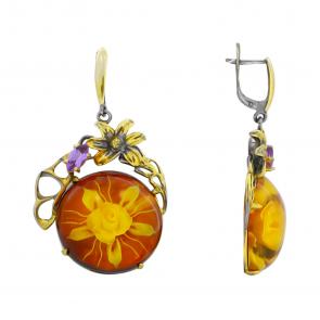 Серьги из золочёного серебра Янтарная волна с фианитом и янтарём Я721088пк-к фото