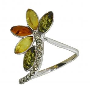 Серебряное кольцо Янтарная волна с янтарём и ювелирным кристаллом Я820008-микс-1 фото