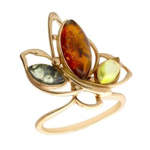 Кольцо из золочёного серебра Янтарная волна с янтарём Я820163п-микс фото