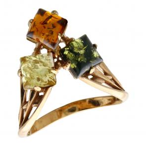 Кольцо из золочёного серебра Янтарная волна с янтарём Я820186п-микс-1 фото