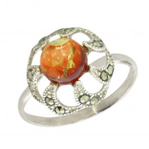 Серебряное кольцо Янтарная волна с янтарём и марказитом Я820464-кр фото