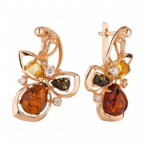 Серьги из золочёного серебра Янтарная волна с фианитом и янтарём Я821179п-микс фото