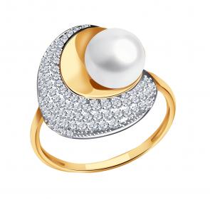 Золотое кольцо Александра с фианитом и жемчугом кл1425-10ск фото