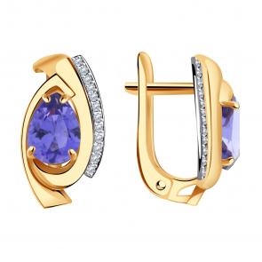 Золотые серьги Александра с ситаллом цвета Танзанит и фианитом кл3586а-73ск фото