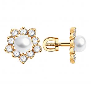 Золотые серьги Александра с фианитом и жемчугом с317-10ск фото