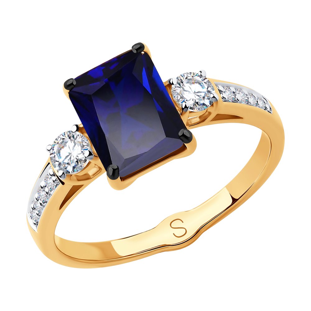 Золотые кольца с камнем Корунд синий с бриллиантами