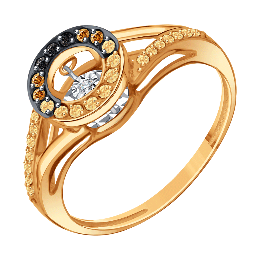 Золотое кольцо Karatov с танцующим бриллиантом, черным бриллиантом,коричневым бриллиантом и коньячным бриллиантом Т14561Б952 фото